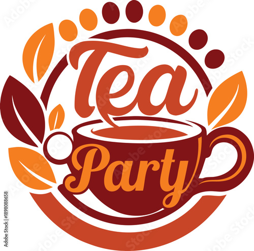 Tea party logo with steaming cup and decorative elements