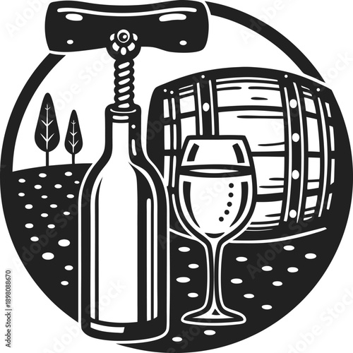 Wine bottle with corkscrew, filled glass, and wooden barrel in vineyard landscape illustration