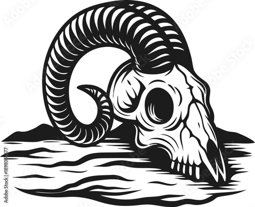 Ram skull with curved horns lying on desert sand, gothic dark illustration, symbol of death and wilderness
