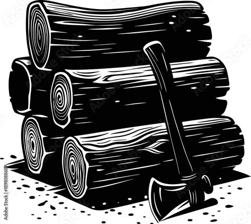 Stack of wooden logs with an axe leaning against them, rustic firewood chopping concept
