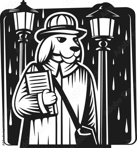 Dog detective in trench coat and hat holding a file standing between street lamps in rainy night