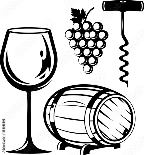 Wine glass, grapes, corkscrew, and wooden barrel illustration for wine tasting and vineyard concept