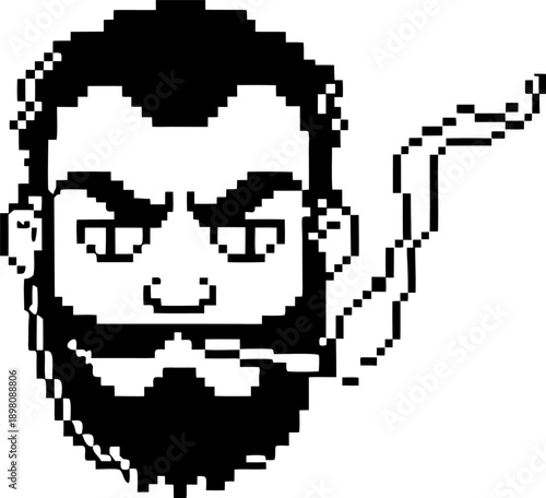 Pixel art bearded man with cigarette and smoking, digital black and white retro face portrait
