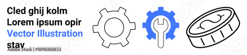 Gear, wrench, and coin emphasizing repair, tools, mechanics, engineer work, financial planning. Ideal for maintenance, operations problem-solving mechanics finance engineering simple landing