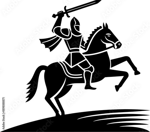 Knight in armor riding rearing horse with raised sword, medieval warrior charging into battle