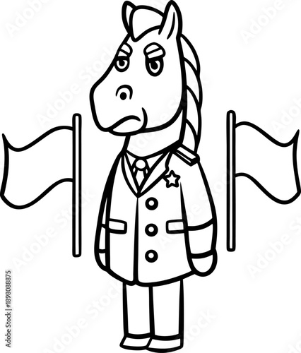 serious horse character dressed as sheriff standing between two flags, law enforcement animal illustration