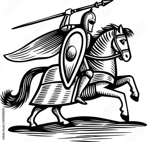 Knight in armor riding horse holding spear and shield, medieval warrior in battle stance illustration