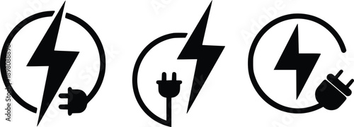 Electric Charging Icon Set, Power Plug and Lightning Bolt Symbol Collection, Energy Electricity Charging Station Icons, Electric Power Vector Illustration Isolated on White Background