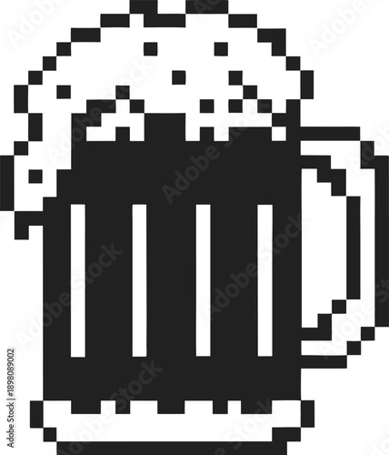Pixel art beer mug with frothy foam overflowing, retro digital beverage icon