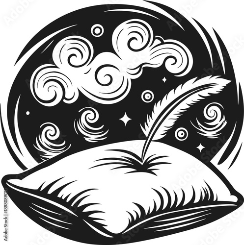 quill pen resting on pillow with swirling stars and clouds in circular night sky background