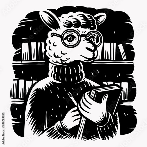 llama librarian wearing glasses and sweater, holding pencil and book, surrounded by bookshelves in library