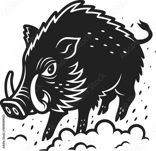 Stylized wild boar running with determination through dust clouds, fierce animal illustration