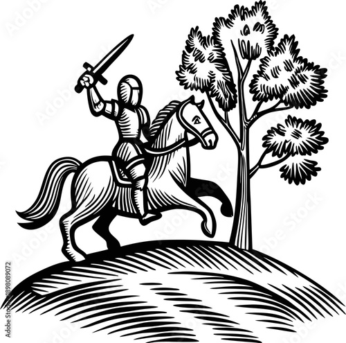 medieval knight on horseback raising sword near a tree on a hill in black and white woodcut