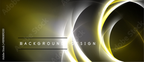 Abstract design features glowing layers, circles, curves. Yellow, gray, white colors blend into dark background. Modern aesthetic.