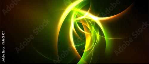Bright abstract swirls, luminous green, yellow hues dominate dark background. Dynamic energy radiates from central focal point.
