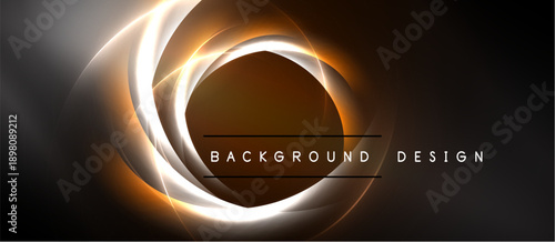Abstract design features glowing circular layers. Warm tones dominate, contrasted by dark background. Text reads background design.