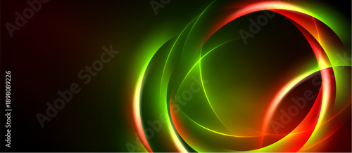 Abstract design features vibrant glowing curves. Red, green hues blend into dark background. Dynamic composition creates modern feel.