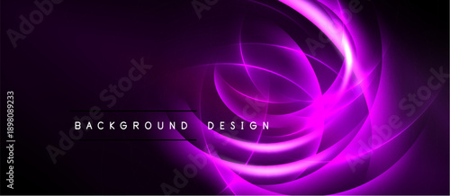 Abstract purple design features swirling lines, bright glow. Background text reads background design. Dark shades dominate composition.