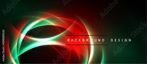 Abstract neon lines create dynamic curves. Red, green, white glow against dark background. Modern design element.