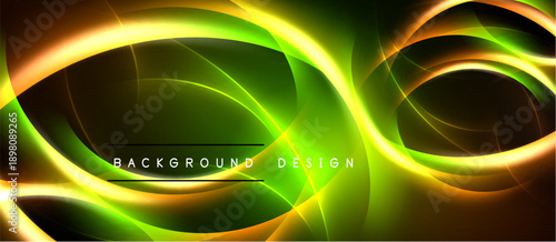 Abstract neon waves, vibrant green, yellow, orange hues. Dynamic flowing lines create futuristic background design. Smooth gradients, dark space.