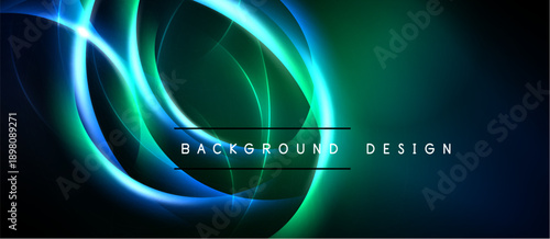Abstract neon swirls, vibrant blues, greens dominate dark background. Modern design elements create dynamic visual impact.