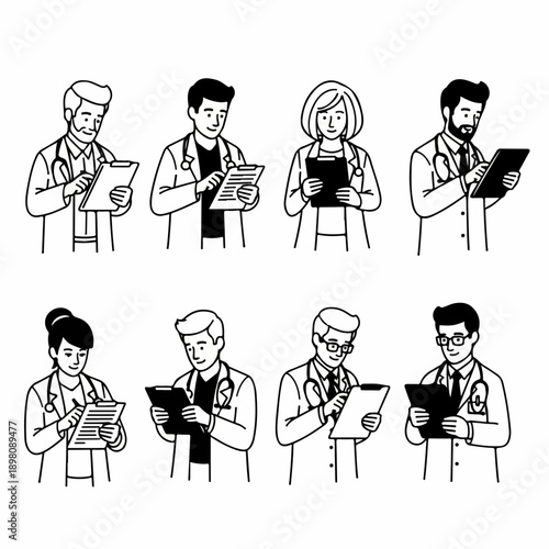 Eight diverse doctors and medical staff icons set, reviewing patient charts and holding clipboards. Black and white line art vector illustration.
