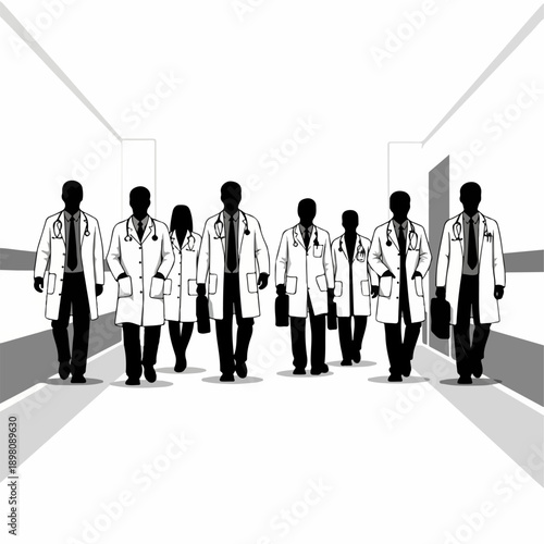 A confident team of medical professionals in lab coats walking purposefully down a minimalist hospital corridor in a black and white illustration style.