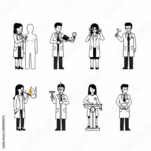Monochrome illustration set of eight doctors performing various medical examinations and holding diagnostic tools like stethoscopes, blood pressure cuffs, and reflex hammers.