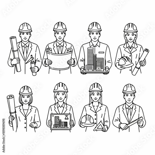 Black and white line art vector set of male and female architects and engineers wearing hard hats, holding blueprints, building models, and construction tools.