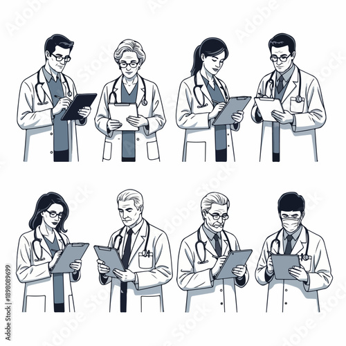 A collection of diverse medical professionals, including doctors and nurses, standing and reviewing patient records on clipboards. Monochromatic line art illustration set.