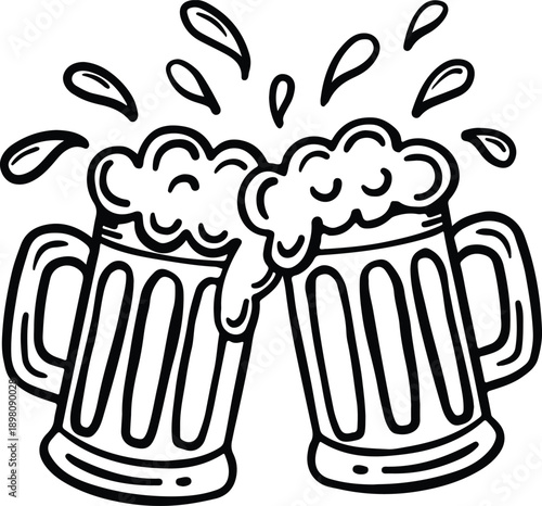 Clinking Beer Mugs Line Art Illustration, Cheers Toast Celebration Drinking Vector Isolated on White
