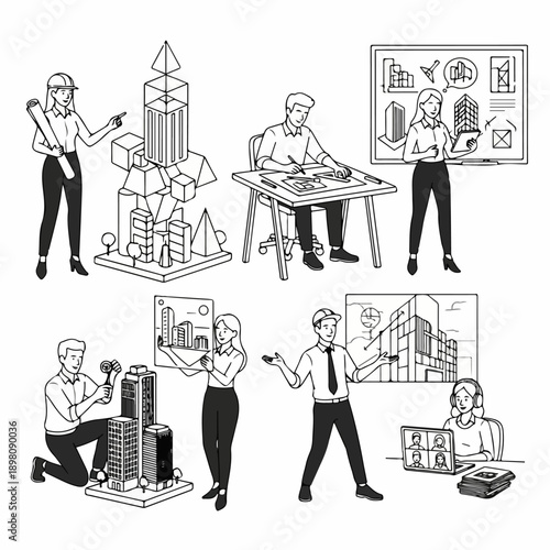 Architectural Design Process Vignettes: Architects and Engineers Working on City Planning, Construction Models, Blueprints, and Remote Collaboration.