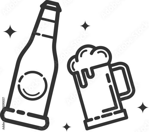 Clinking Beer Mugs Line Art Illustration, Cheers Toast Celebration Drinking Vector Isolated on White