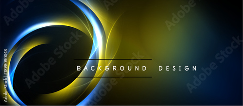 Abstract neon swirls, dark background. Yellow, blue light creates dynamic visual effect. Text reads background design.