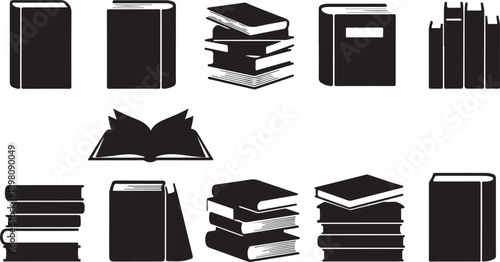 Assorted books and textbooks in black and white illustration isolated on white background, Vector