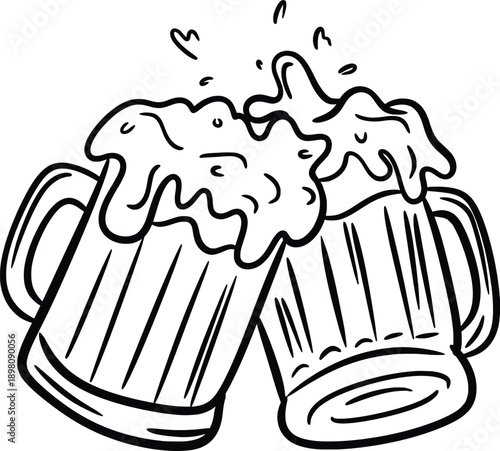 Clinking Beer Mugs Line Art Illustration, Cheers Toast Celebration Drinking Vector Isolated on White