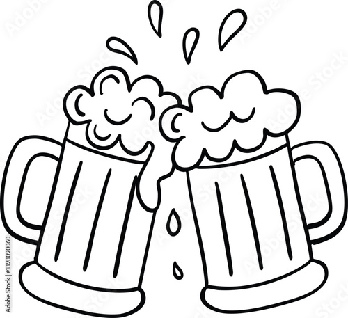 Clinking Beer Mugs Line Art Illustration, Cheers Toast Celebration Drinking Vector Isolated on White