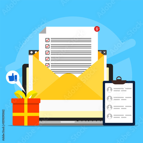 Email marketing concept showing inbox message, checklist document, customer list, and gift reward on laptop screen for digital communication, promotion, and customer