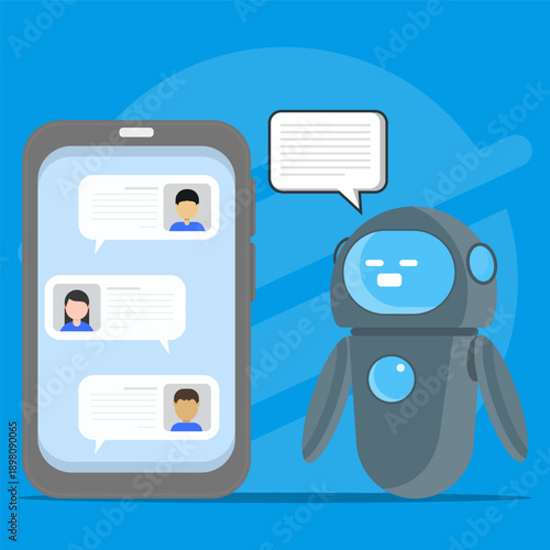 AI chatbot assisting mobile messaging, showing automated conversation, virtual assistant support, and smart communication technology on smartphone interface.