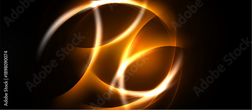 Bright orange swirls dominate dark background. Abstract design evokes energy, motion, warmth. Smooth gradients create luminous effect.