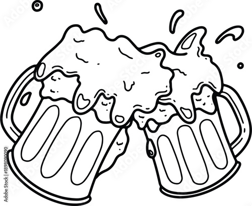 Clinking Beer Mugs Line Art Illustration, Cheers Toast Celebration Drinking Vector Isolated on White