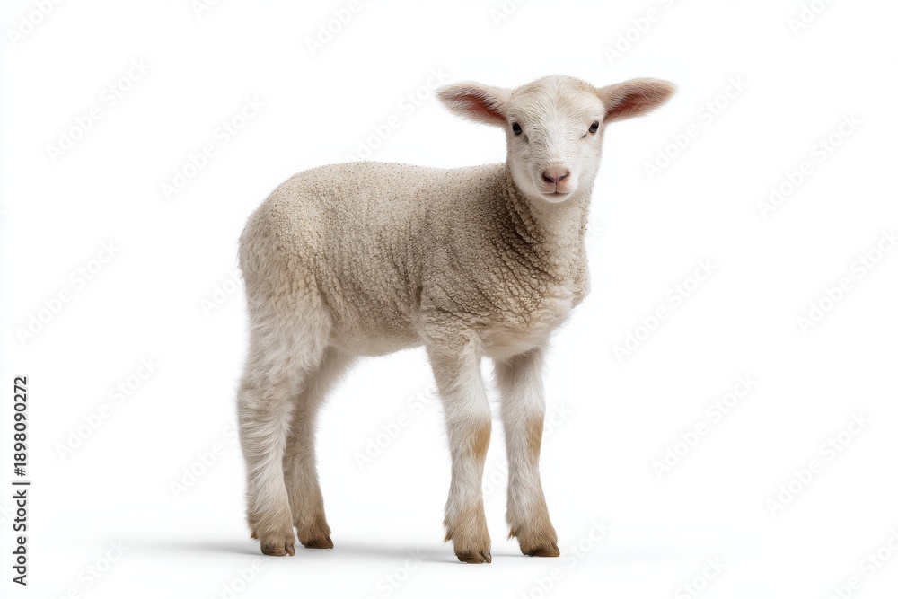 Obraz premium Cute fluffy lamb standing on white background