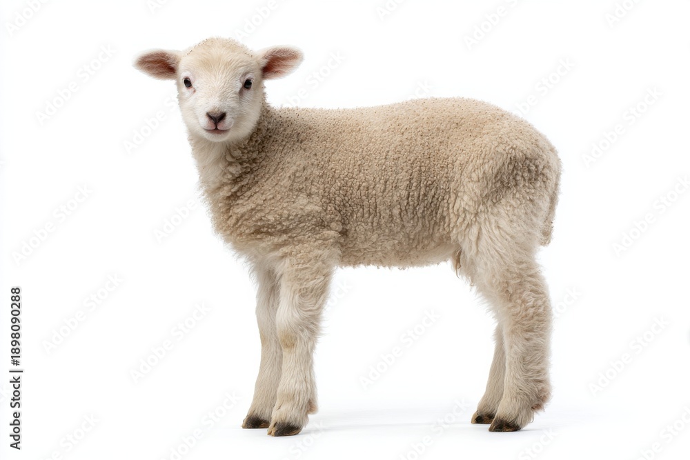 Fototapeta premium Adorable young lamb standing on white background