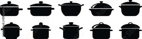 Cooking Pot Icons Set, Kitchen Cookware Saucepan Collection, Casserole and Stock Pot Silhouette Symbols, Black Solid Vector Illustration Isolated on White Background