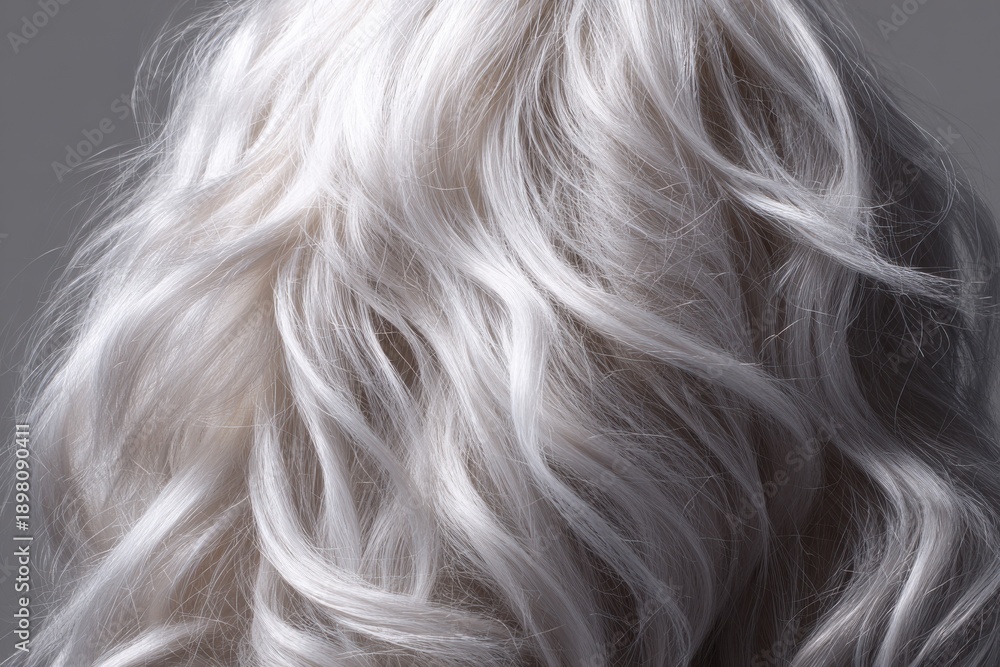 Naklejka premium Close-up of long wavy white hair with soft textures and natural highlights