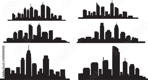Silhouettes of various city skylines against a transparent background isolated on white background, Vector