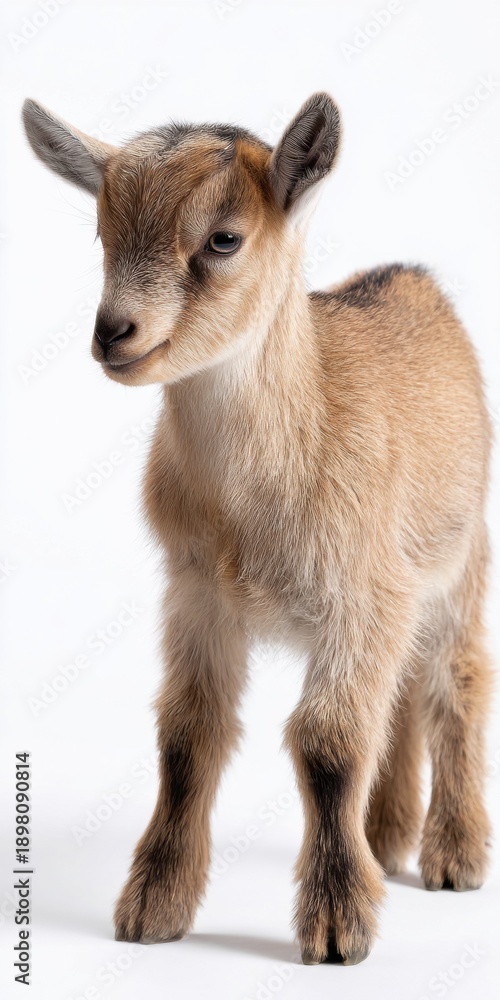 Fototapeta premium Adorable baby goat standing on white background