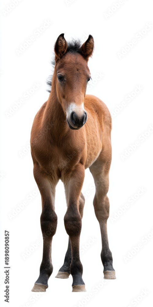 Obraz premium Young chestnut foal standing on white background with curious expression