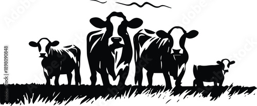 Cattle Herd Silhouette on Grassland, Farm Cow and Calf Rural Agriculture Vector EPS Illustration