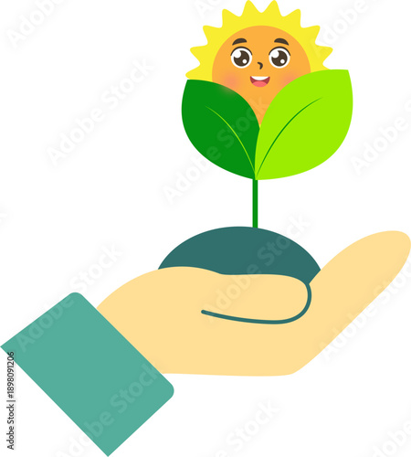 Smiling sun shines on a plant held in a hand outdoors